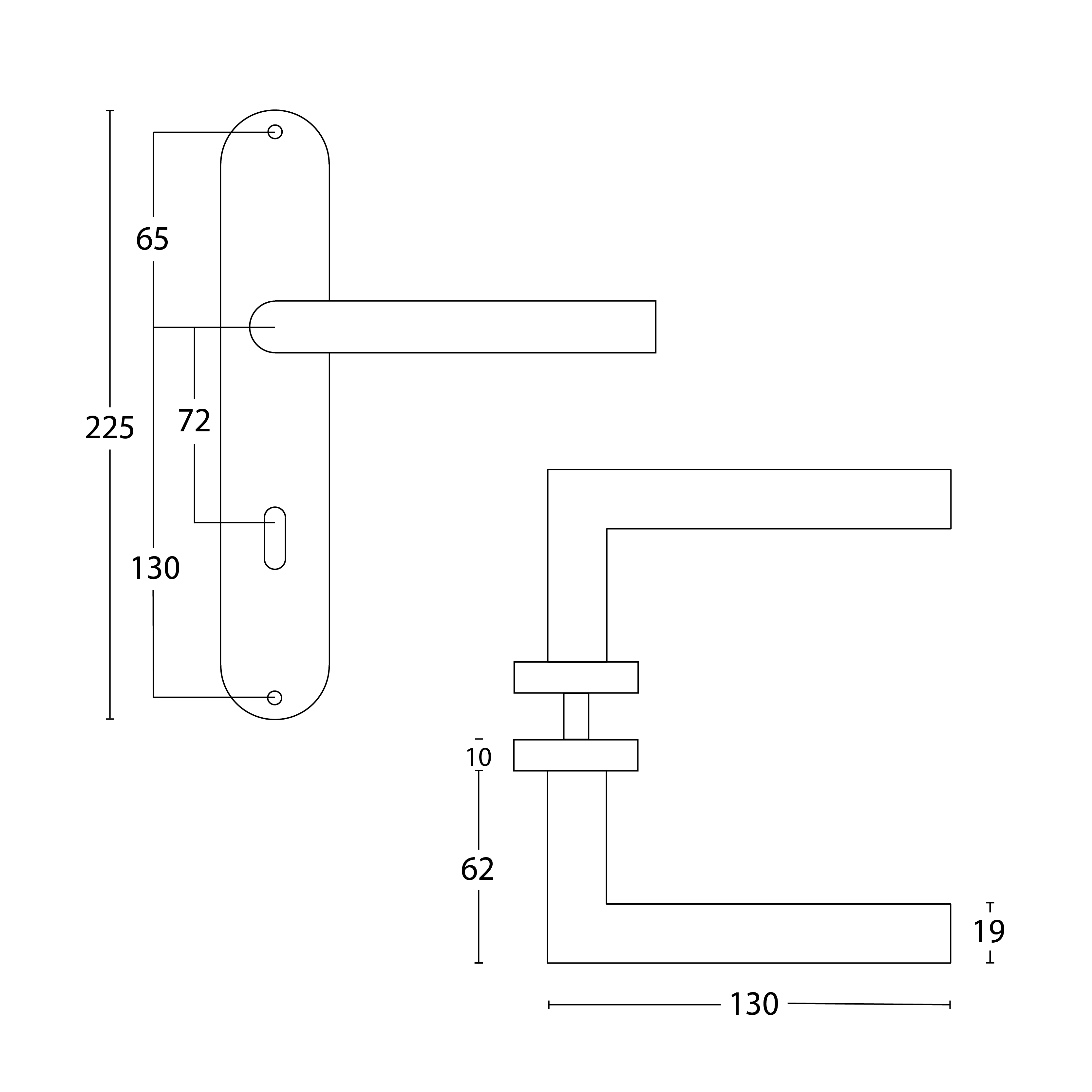 Deurklink set Mira op schild met sleutelgat RVS geborsteld sleutelgat 72mm 2 Technische Tekening 103 03 op schild Mira op schild