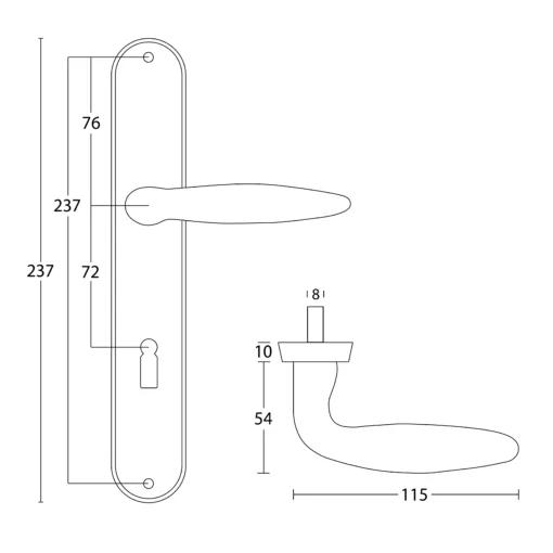 10x set Deurklinken Preclan op schild mat zwart sleutelgat 72mm 3 Preclan op schild tekening