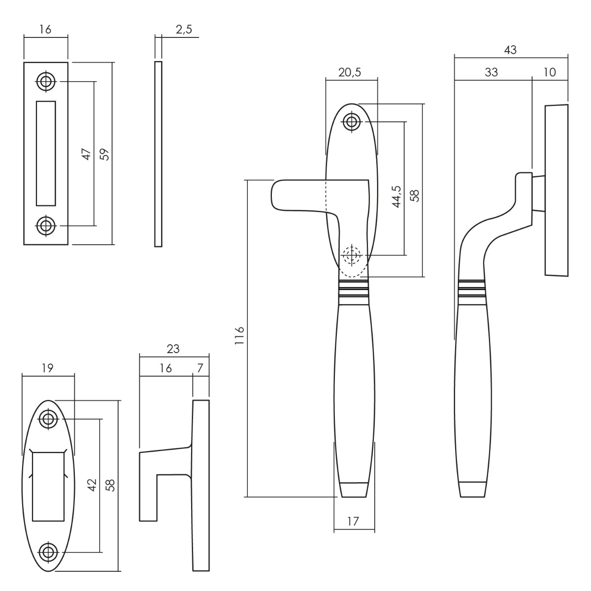 Intersteel Raamsluiting Ton rechts messing gelakt / ebbenhout 2 0013.561460a 2