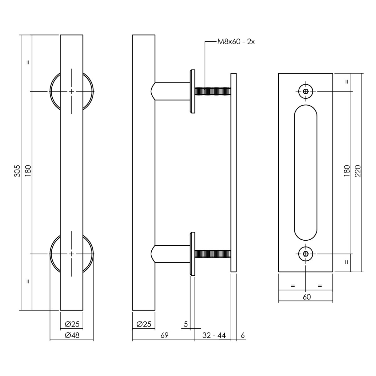 Intersteel Deurgreep T-model Ø25x305 mm met schuifdeurkom 220x60 mm zwart 2 0023.450160 2