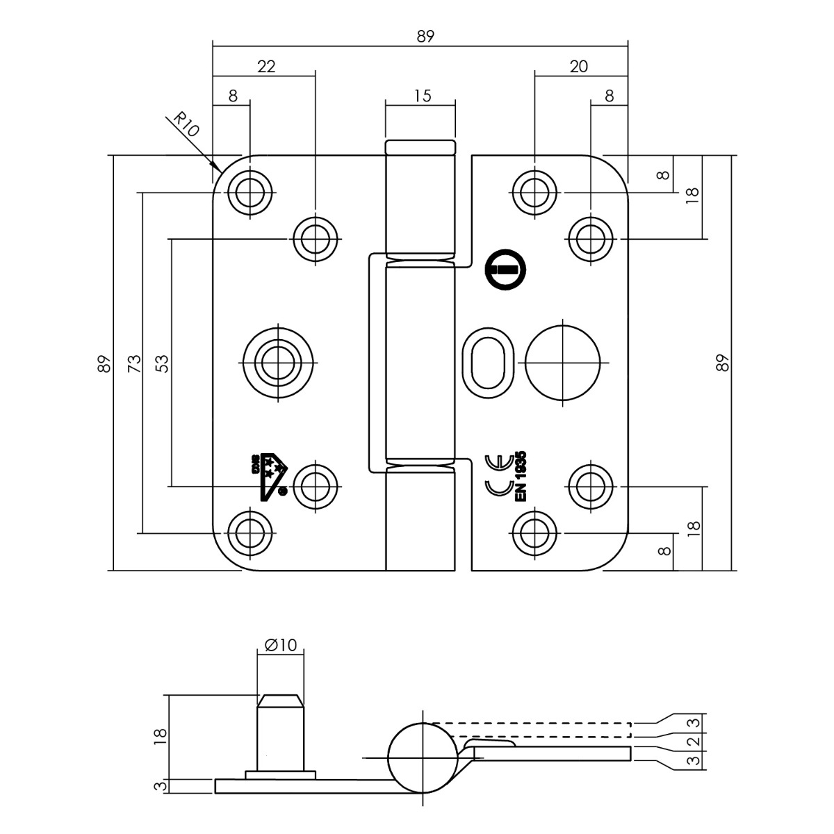Intersteel Glijlagerscharnier SKG*** 89 x 89 x 3 mm DIN links zwart 2 0023.462565b 2