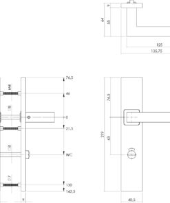 Intersteel Deurkruk Vierkant op schild verdekt rechthoekig 219x40mm met nokken wc 63/8mm rvs EN1906/4 3 0035.133765 2 1