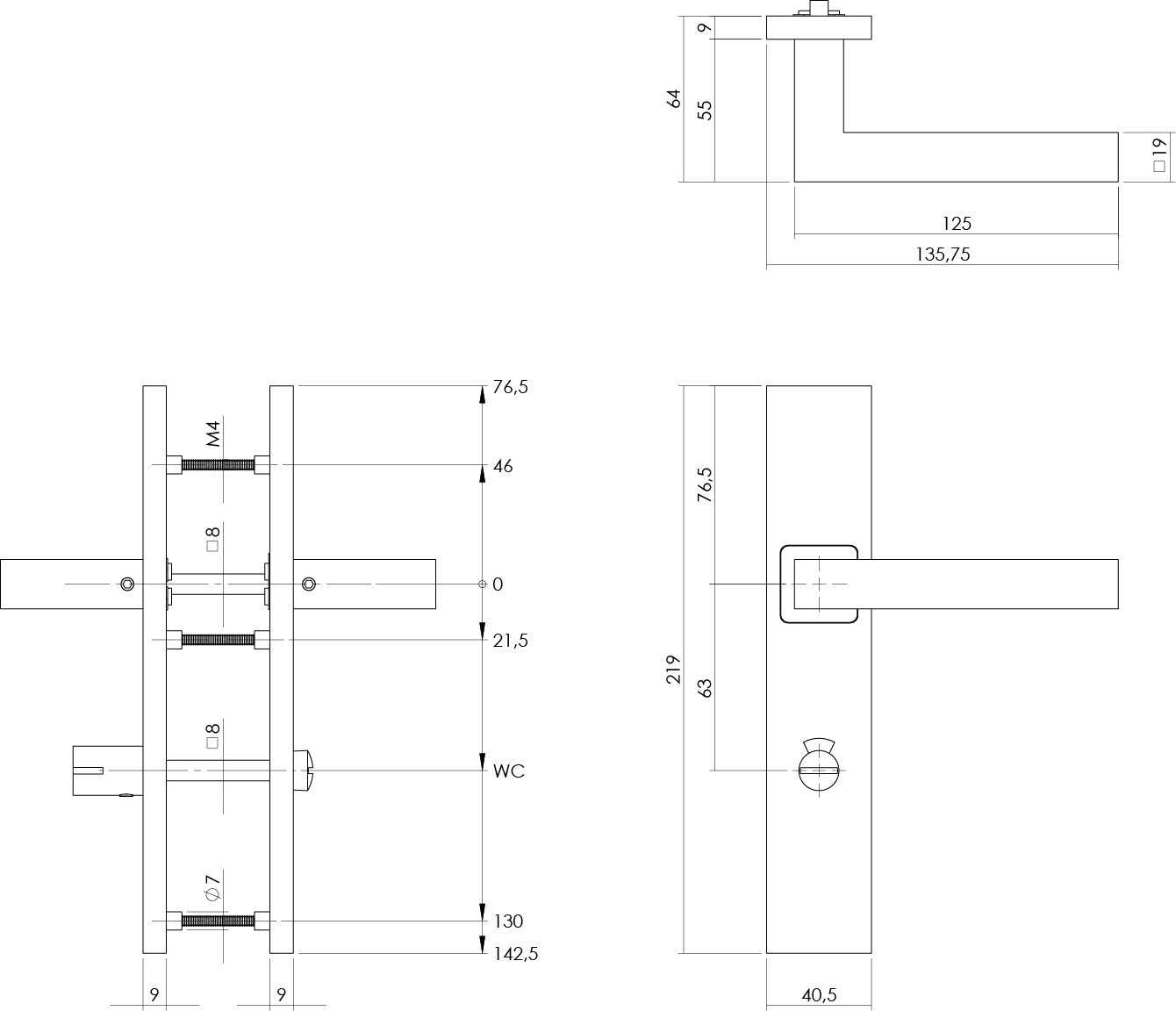 Intersteel Deurkruk Vierkant op schild verdekt rechthoekig 219x40mm met nokken wc 63/8mm rvs EN1906/4 2 0035.133765 2 1