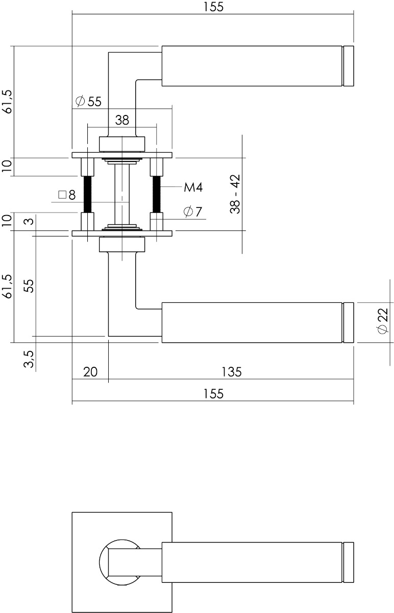 Intersteel Deurkruk Bau-stil op vierkant magneet rozet rvs geborsteld 3 0035.184902 2 1