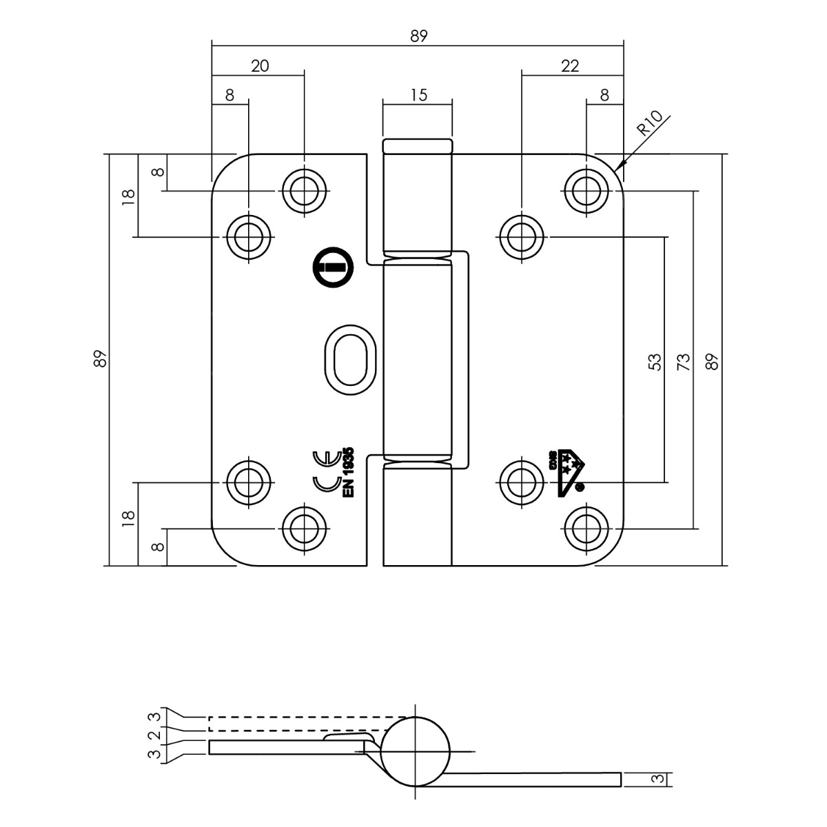Intersteel Glijlagerscharnier 89 x 89 x 3 mm DIN rechts/links rvs geborsteld 2 0035.462566 2 1