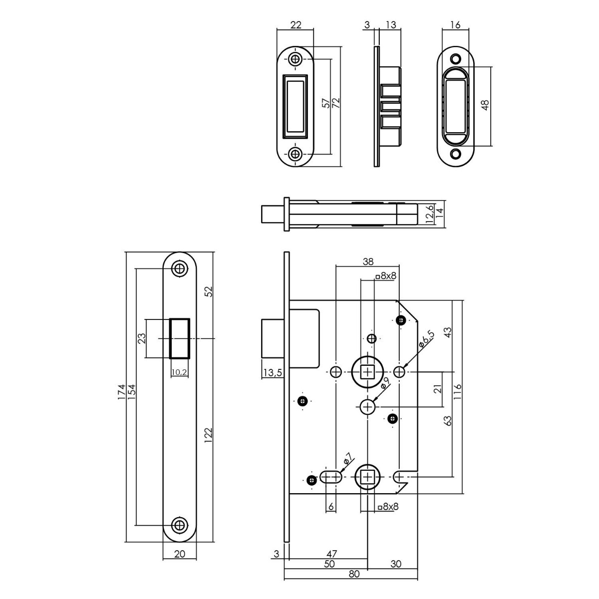Intersteel Woningbouw magneet badkamer/toilet slot 63/8mm, voorplaat afgerond rvs 2 0094.957065 2
