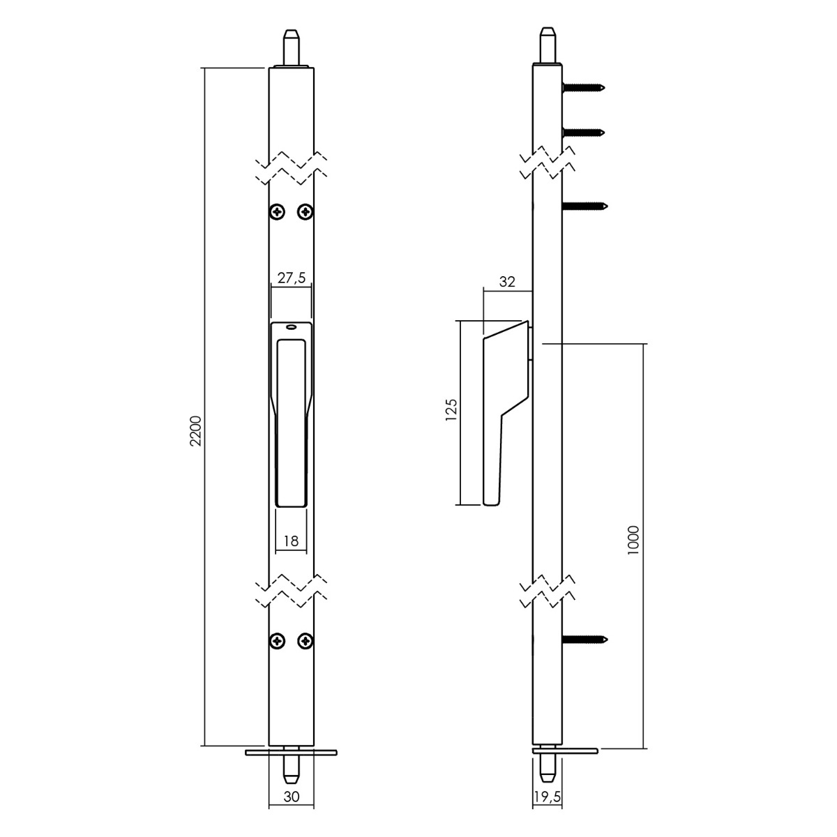 Intersteel Deurespagnolet niet afsluitbaar Links 2200mm aluminium 2 rb 1422 22a 71l 2