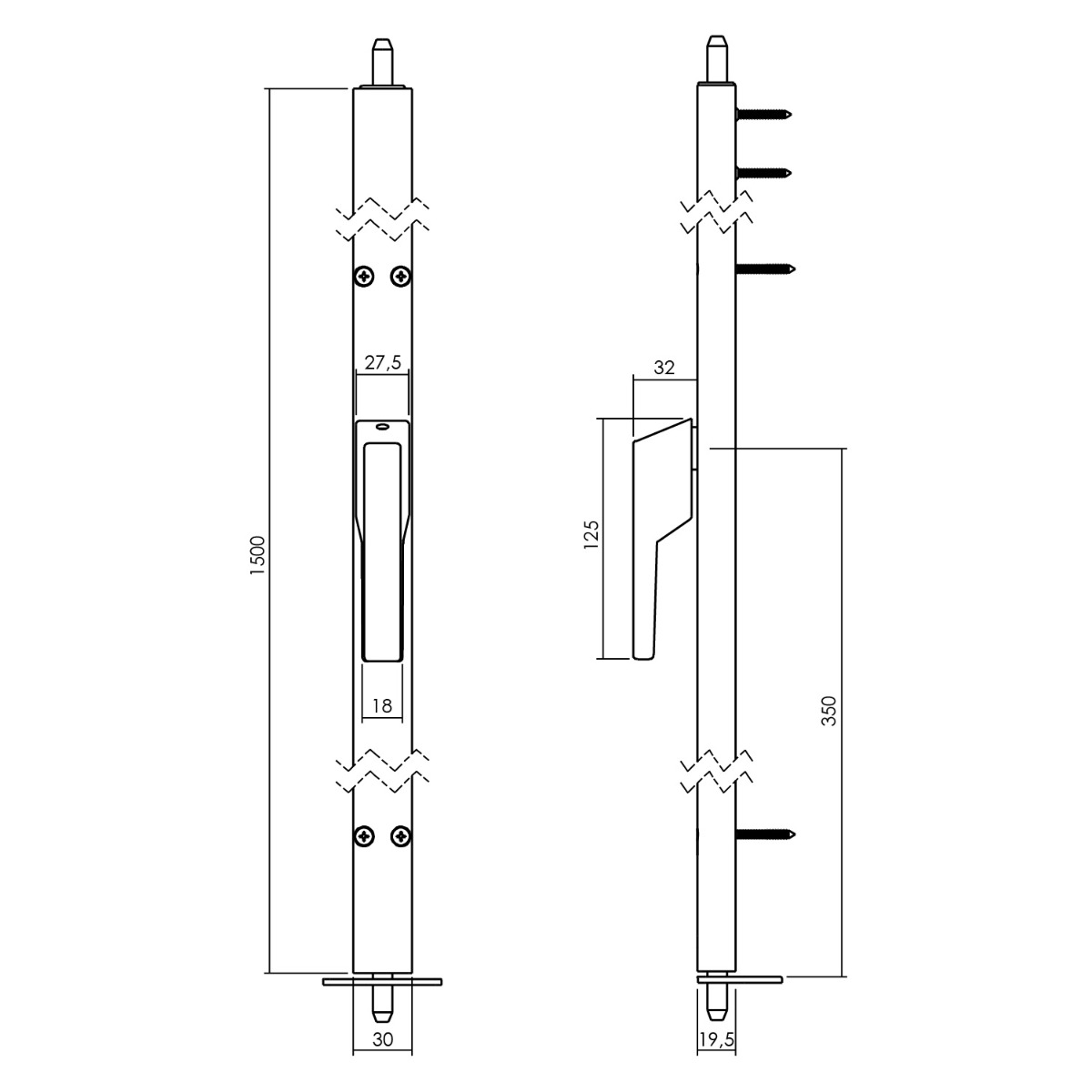 Intersteel Raamespagnolet niet afsluitbaar Links 1500mm RAL 9010 wit 2 rb 1426 15a 78l 2