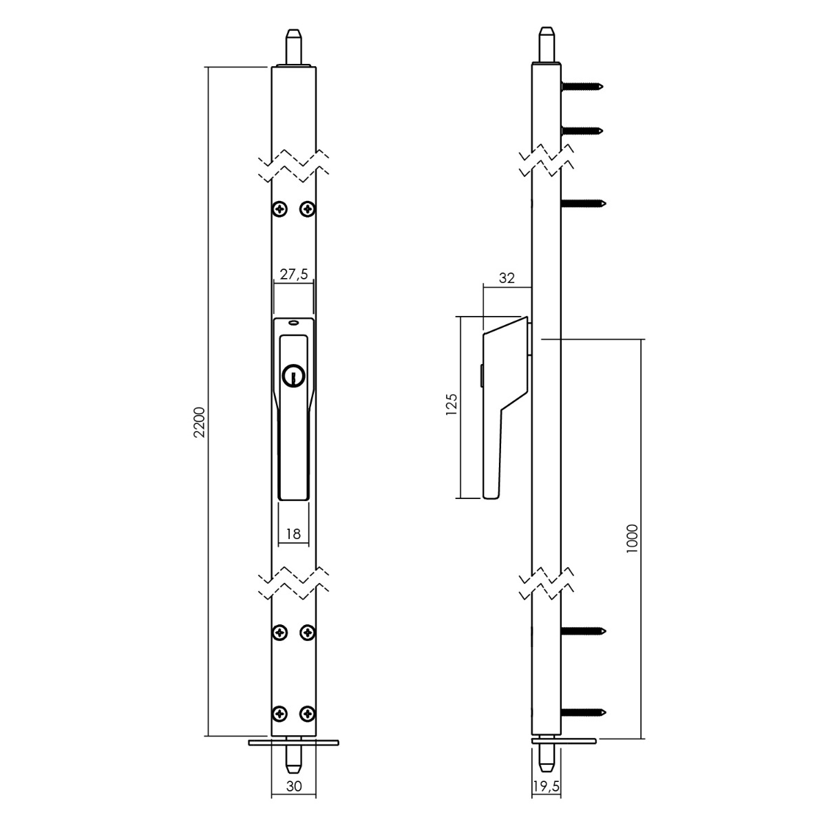 Intersteel Deurespagnolet afsluitbaar Rechts 2200mm met uitwisselbare cilinder RAL 9010 wit 2 si 1424 22a 78r 2