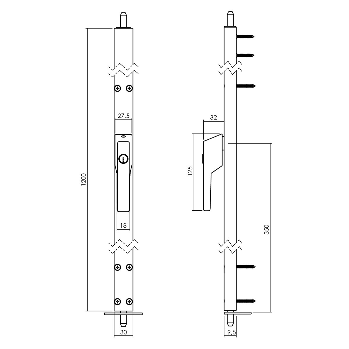 Intersteel Raamespagnolet afsluitbaar Rechts 1200mm met uitwisselbare cilinder RAL 9010 wit 2 si 1428 12a 78r 2