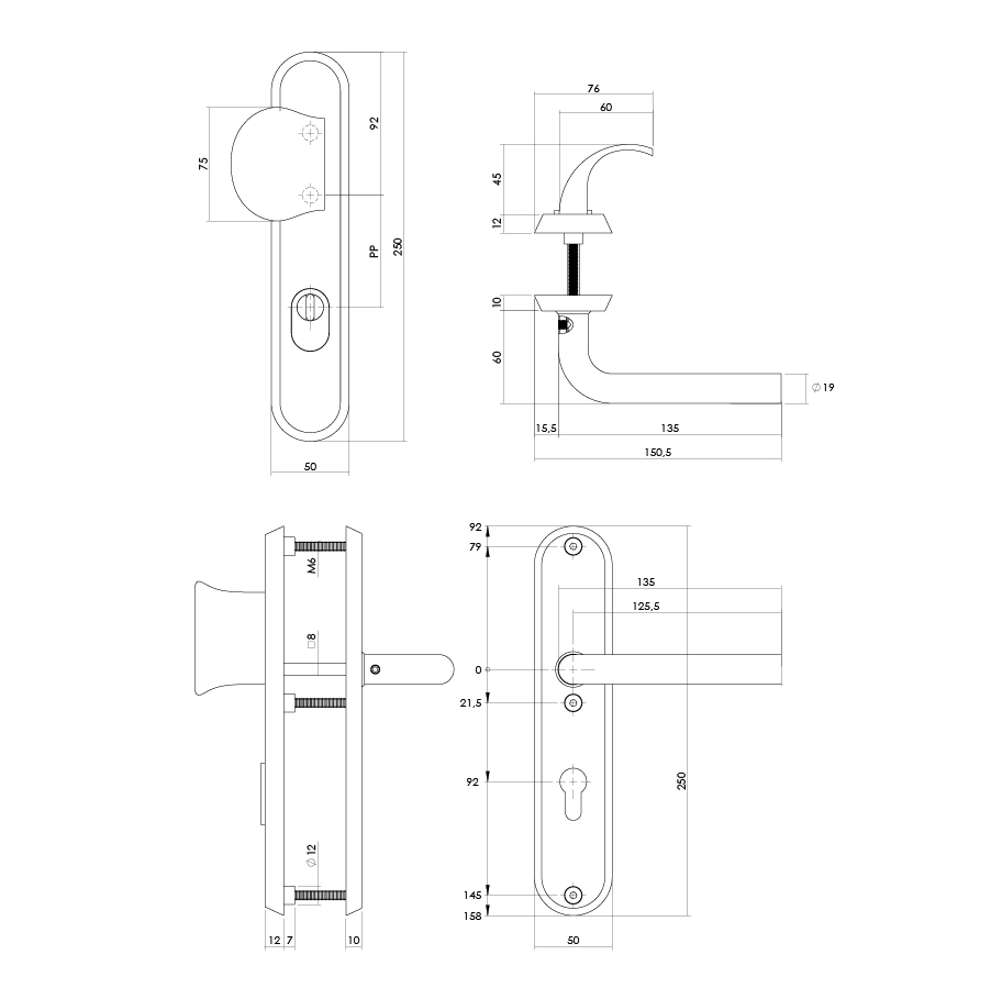 Intersteel SKG3 veiligheidsbeslag ovaal 250x50mm greep/kruk Luzern met veerconstructie profielcilindergat 92mm met kerntrekbeveiliging PVD messingkleur 2 0013.378849 2