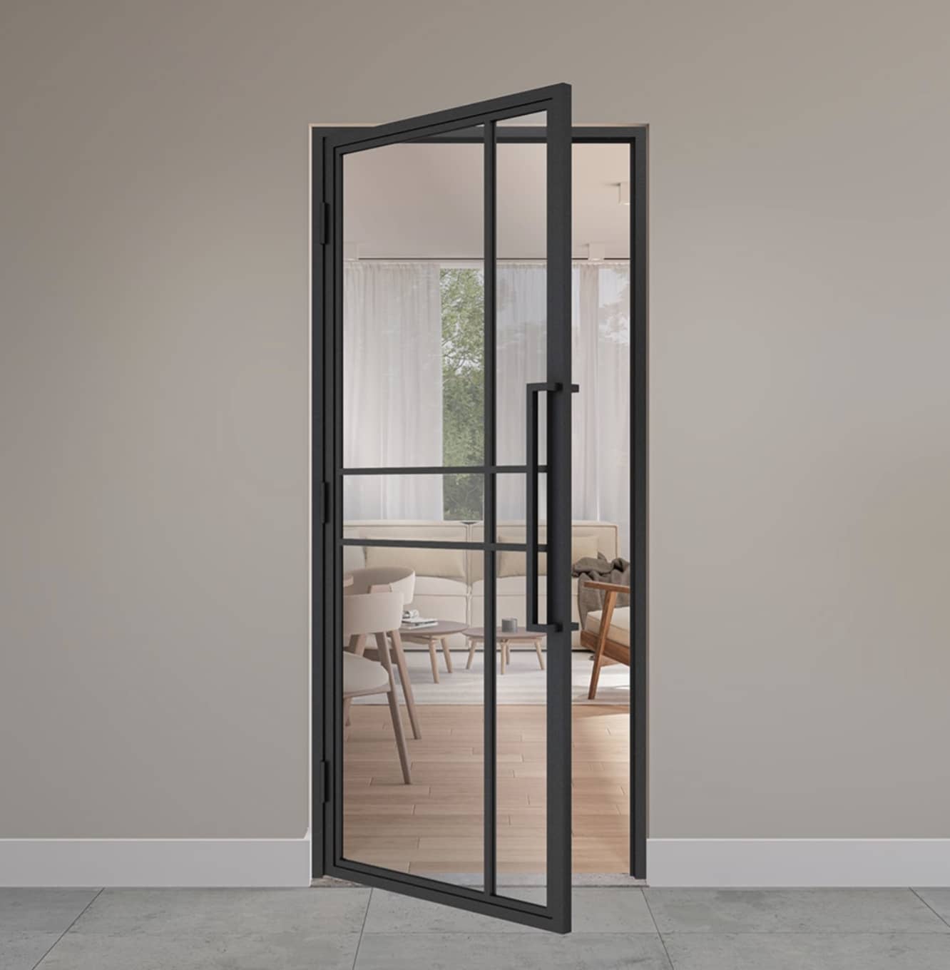 Stalen scharnierdeur met kozijn – 6 vaks – helder glas