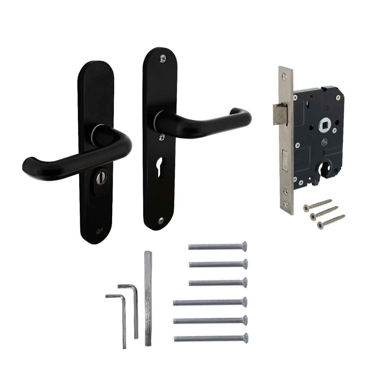 Intersteel Set achterdeurbeslag ovaal: SKG3 veiligheidsbeslag ovaal 250x50mm kruk/kruk kt55 met SKG2 slot 55pc aluminium zwart