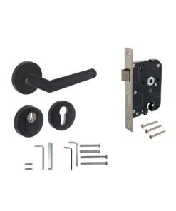 Intersteel Set achterdeurbeslag rond: deurkruk Jura met massieve rozetten, SKG2 slot pc55, SKG3 rozetten, structuur zwart