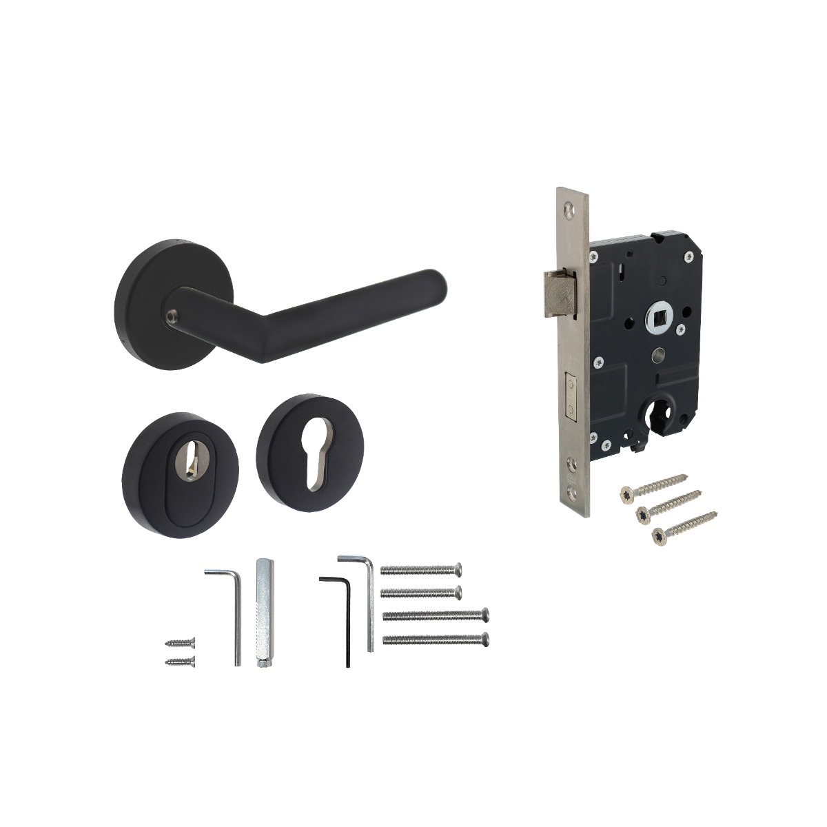 Intersteel Set achterdeurbeslag rond: deurkruk Jura met massieve rozetten, SKG2 slot pc55, SKG3 rozetten, structuur zwart