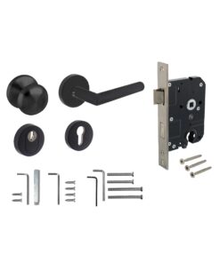 Intersteel Set voordeurbeslag rond: deurkruk Jura op rozet, voordeurknop, SKG2 slot pc55, SKG3 rozetten, structuur zwart