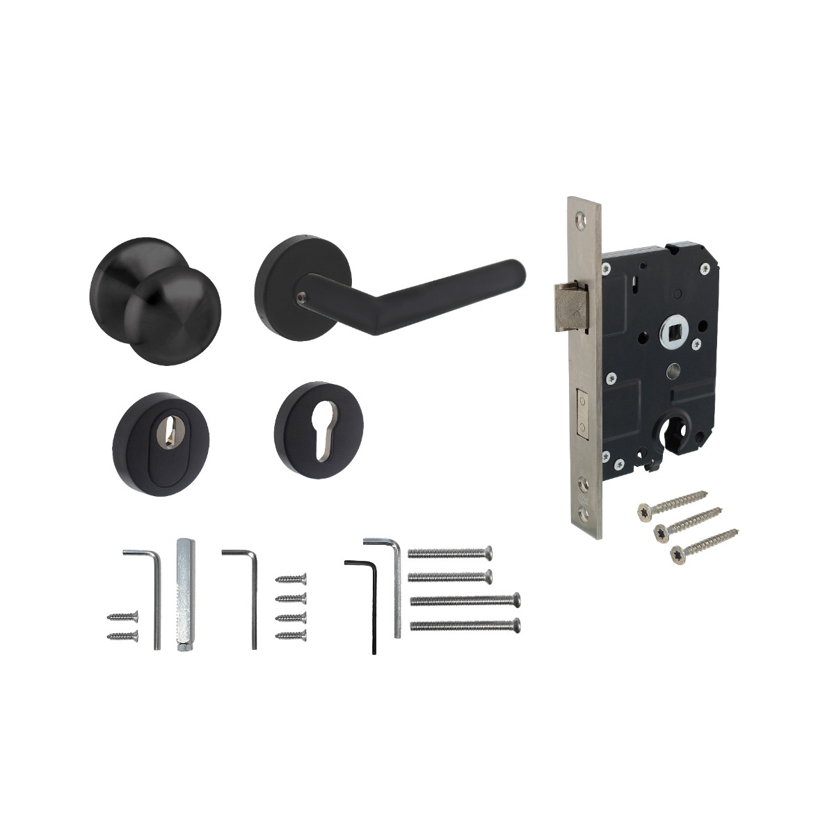 Intersteel Set voordeurbeslag rond: deurkruk Jura op rozet, voordeurknop, SKG2 slot pc55, SKG3 rozetten, structuur zwart