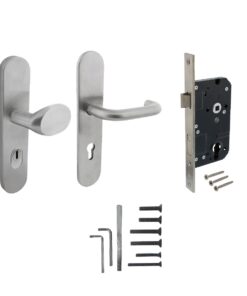 Intersteel Set voordeurbeslag ovaal verdekt: SKG3 veiligheidsbeslag ovaal 255x52mm greep/kruk kt72 met SKG2 slot 72pc rvs