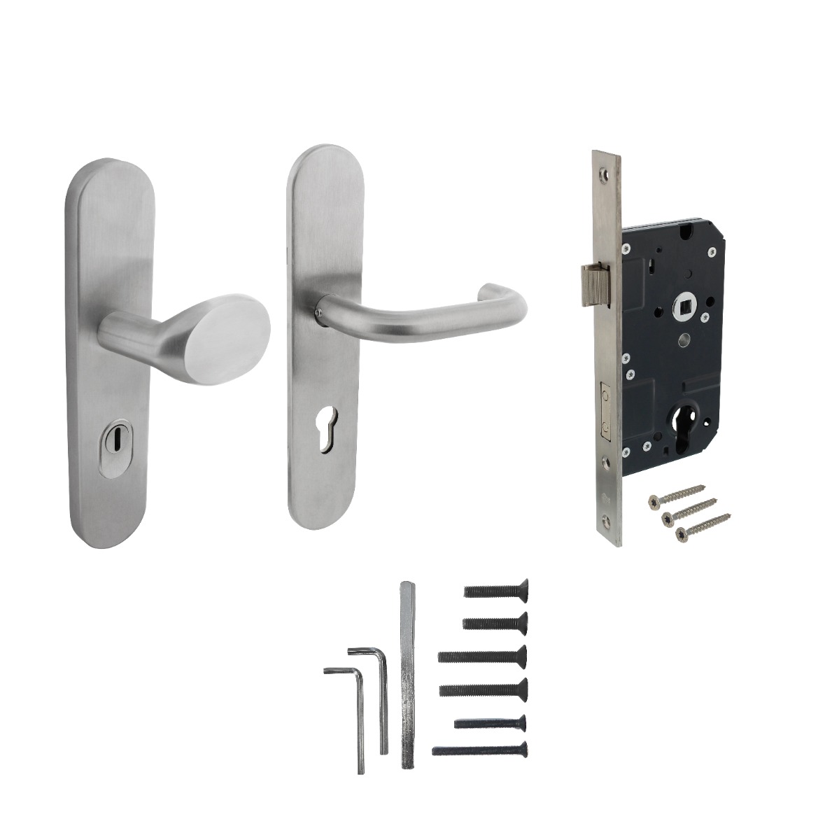 Intersteel Set voordeurbeslag ovaal verdekt: SKG3 veiligheidsbeslag ovaal 255x52mm greep/kruk kt72 met SKG2 slot 72pc rvs