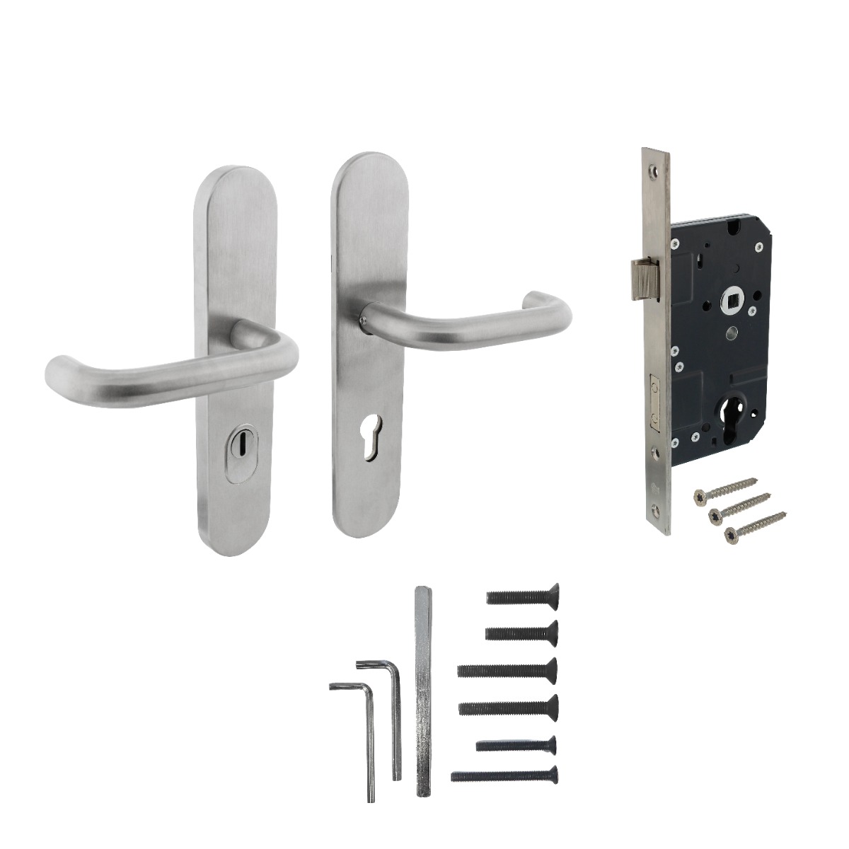 Intersteel Set achterdeurbeslag ovaal verdekt: SKG3 veiligheidsbeslag ovaal 255x52mm kruk/kruk kt72 met SKG2 slot 72pc rvs