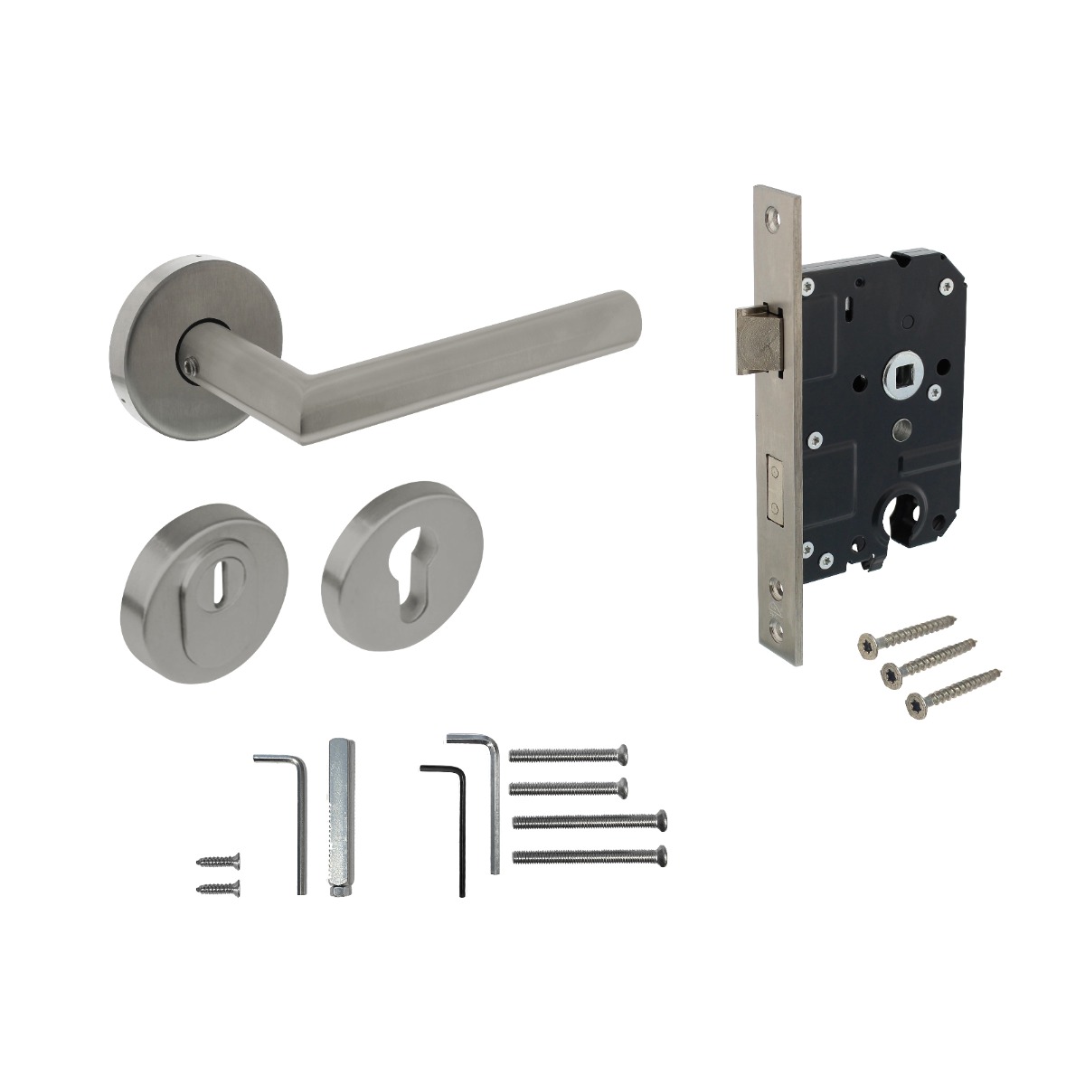 Intersteel Set achterdeurbeslag rond: deurkruk Jura met massieve rozetten, SKG2 slot pc55, SKG3 rozetten, rvs