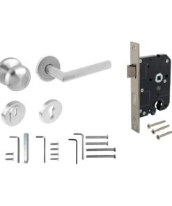 Intersteel Set voordeurbeslag rond: deurkruk Jura op rozet, voordeurknop, SKG2 slot pc55, SKG3 rozetten, rvs 8 Intersteel Set voordeurbeslag rond: deurkruk Jura op rozet, voordeurknop, SKG2 slot pc55, SKG3 rozetten, rvs - Afbeelding 2