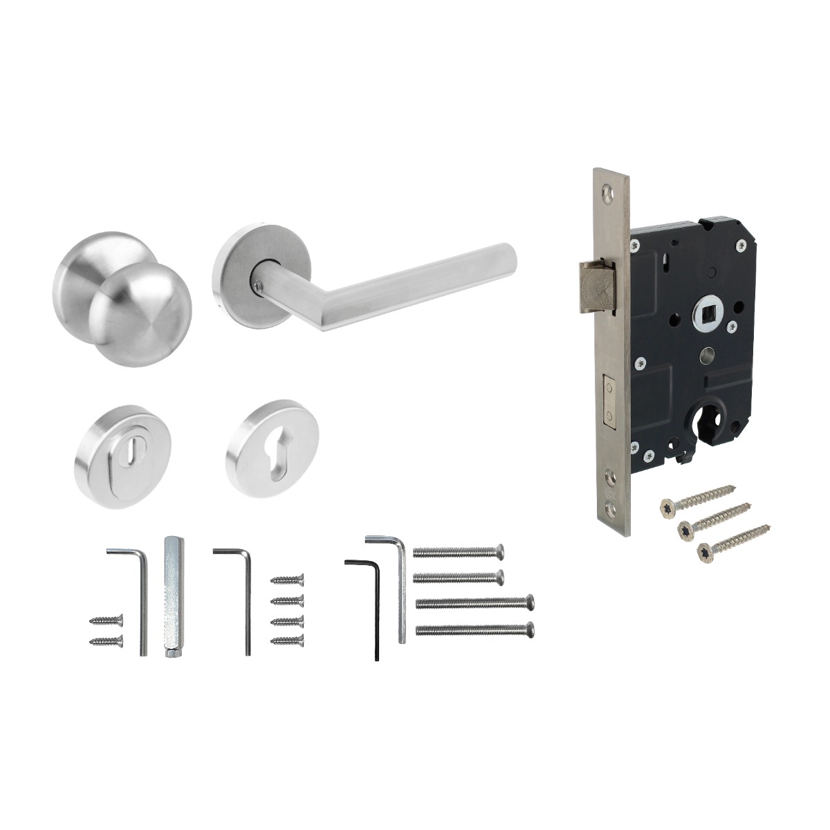 Intersteel Set voordeurbeslag rond: deurkruk Jura op rozet, voordeurknop, SKG2 slot pc55, SKG3 rozetten, rvs 2 Intersteel Set voordeurbeslag rond: deurkruk Jura op rozet, voordeurknop, SKG2 slot pc55, SKG3 rozetten, rvs - Afbeelding 2